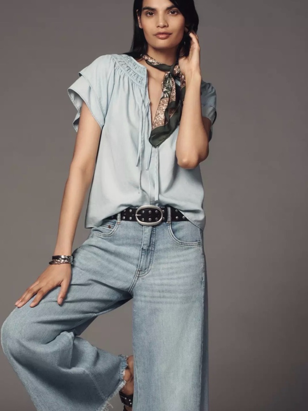 Sam Edelman Tabitha Short Flutter Sleeves V-Neck Blue Blouse Women’s Medium